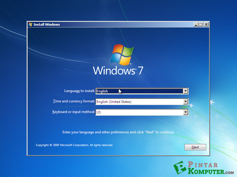 Pilih Language to Install, Time and currency format, dan Keyboard layout