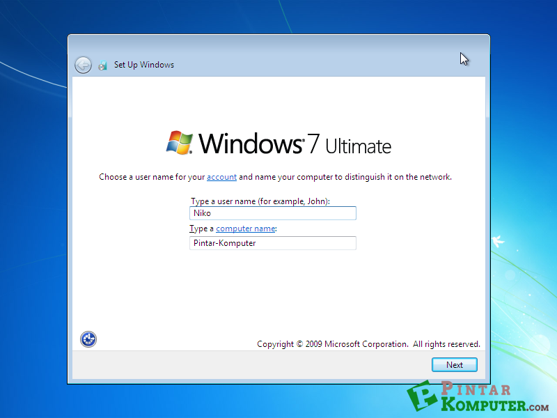 memasukan Username dan Computer Name memasukan Username dan Computer Name